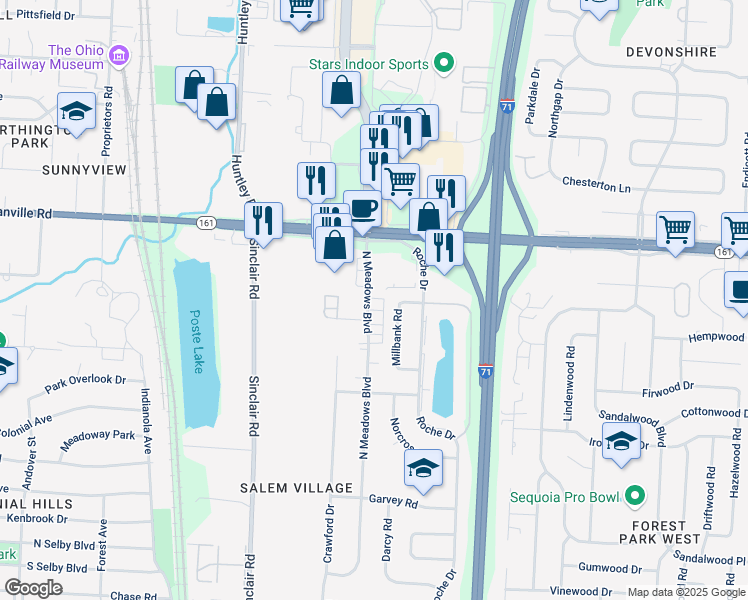 map of restaurants, bars, coffee shops, grocery stores, and more near 5896 North Meadows Boulevard in Columbus
