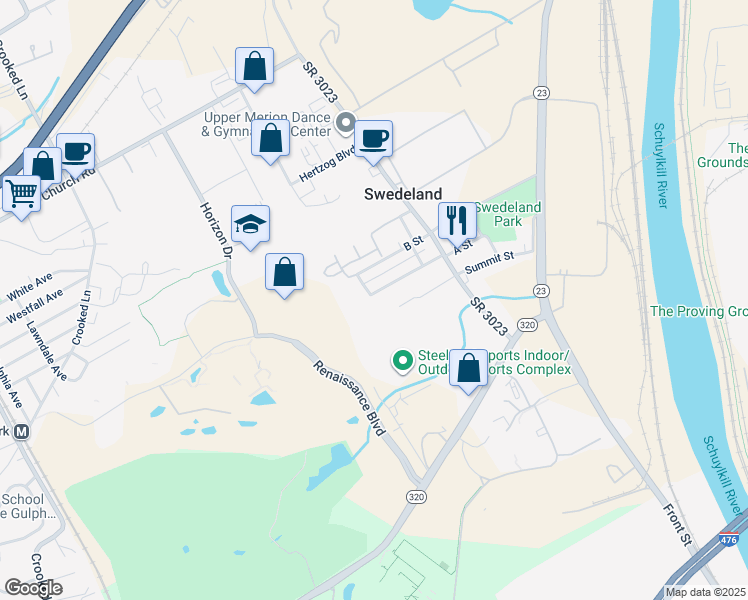 map of restaurants, bars, coffee shops, grocery stores, and more near 551 A Street in King of Prussia
