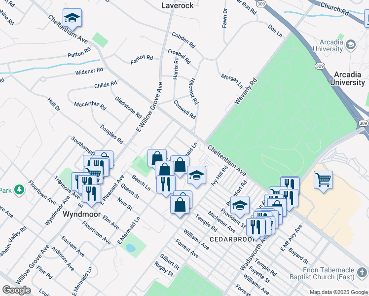 map of restaurants, bars, coffee shops, grocery stores, and more near 7704 Gate Rd in Wyndmoor