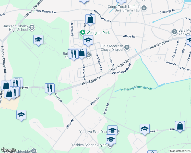 map of restaurants, bars, coffee shops, grocery stores, and more near 70 Sanz Town Road in Lakewood