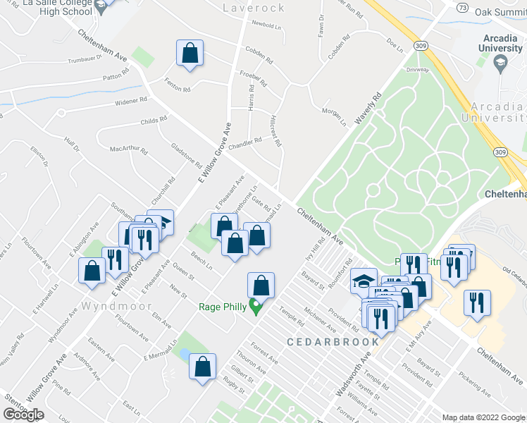 map of restaurants, bars, coffee shops, grocery stores, and more near 7704 Gate Rd in Wyndmoor