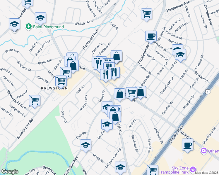 map of restaurants, bars, coffee shops, grocery stores, and more near 1700 Grant Avenue in Philadelphia