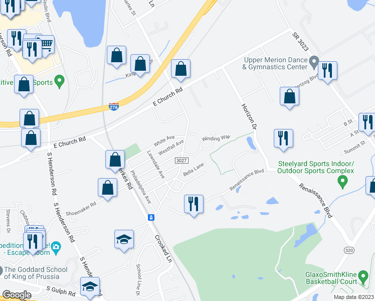 map of restaurants, bars, coffee shops, grocery stores, and more near 518 Crooked Lane in King of Prussia