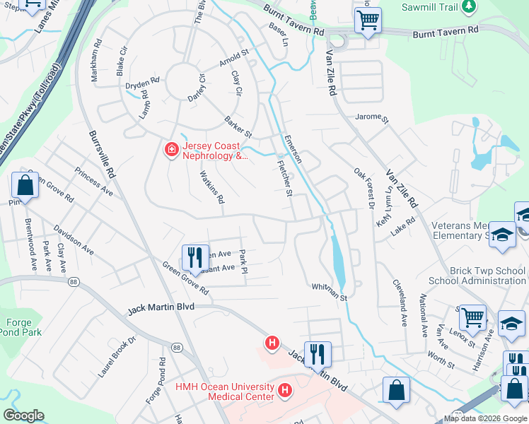 map of restaurants, bars, coffee shops, grocery stores, and more near 143 Central Boulevard in Brick Township