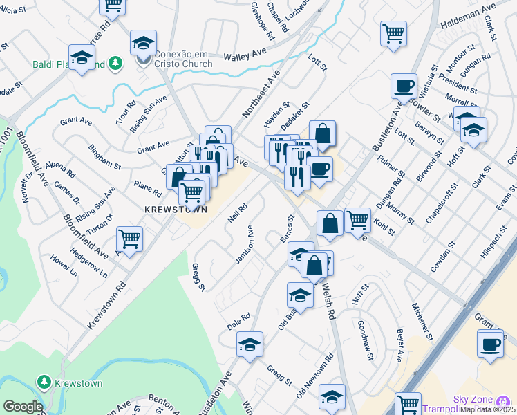 map of restaurants, bars, coffee shops, grocery stores, and more near 9344 Jamison Avenue in Philadelphia