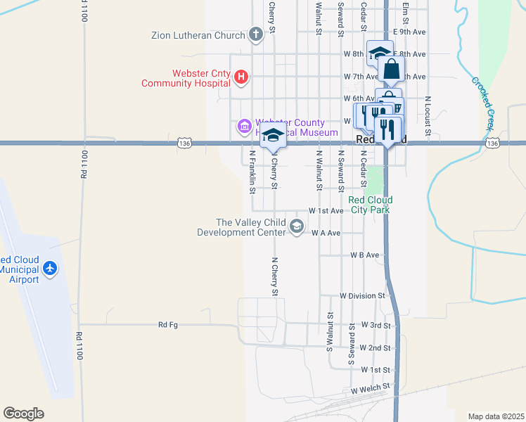 map of restaurants, bars, coffee shops, grocery stores, and more near 1st Avenue in Red Cloud