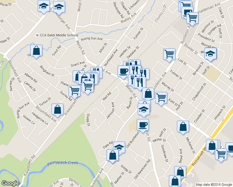 map of restaurants, bars, coffee shops, grocery stores, and more near 9344 Jamison Avenue in Philadelphia