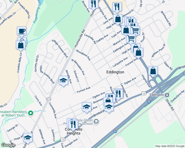 map of restaurants, bars, coffee shops, grocery stores, and more near 1360 Woodbine Avenue in Eddington