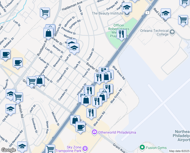 map of restaurants, bars, coffee shops, grocery stores, and more near 9712 Roosevelt Boulevard in Philadelphia