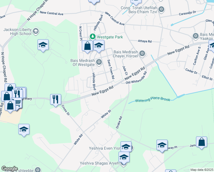 map of restaurants, bars, coffee shops, grocery stores, and more near 70 Sanz Town Road in Lakewood