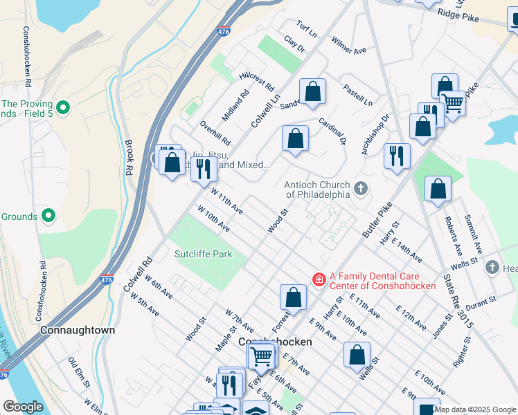 map of restaurants, bars, coffee shops, grocery stores, and more near 343 West 12th Avenue in Conshohocken
