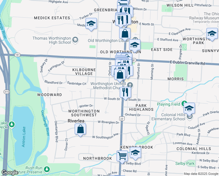 map of restaurants, bars, coffee shops, grocery stores, and more near 50 West New England Avenue in Worthington