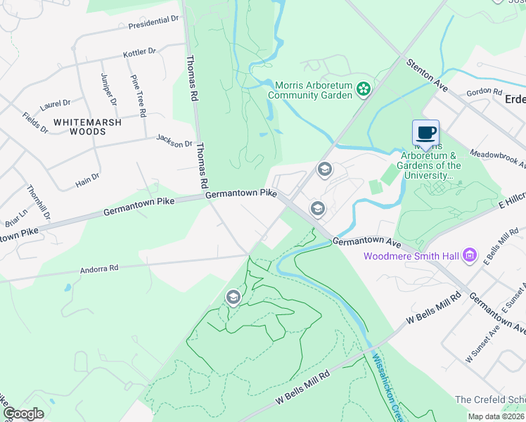 map of restaurants, bars, coffee shops, grocery stores, and more near 7 Oak Road in Philadelphia