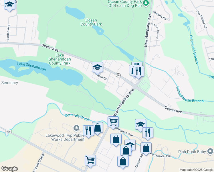 map of restaurants, bars, coffee shops, grocery stores, and more near 104 Dee Court in Lakewood Township