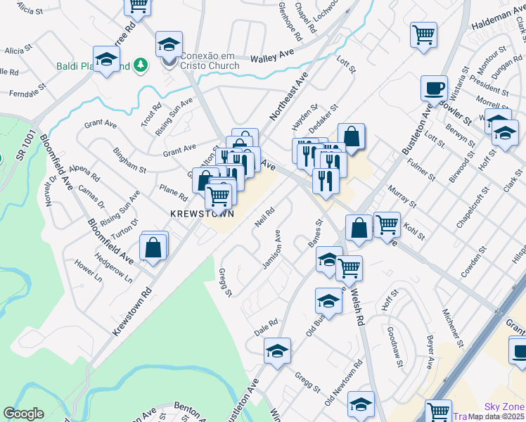 map of restaurants, bars, coffee shops, grocery stores, and more near 9348 Neil Road in Philadelphia