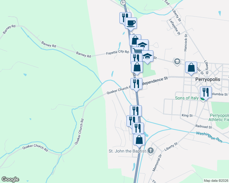 map of restaurants, bars, coffee shops, grocery stores, and more near 140 Quaker Church Road in Perryopolis