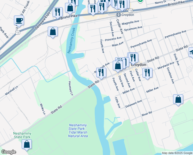 map of restaurants, bars, coffee shops, grocery stores, and more near 722 6th Avenue in Croydon