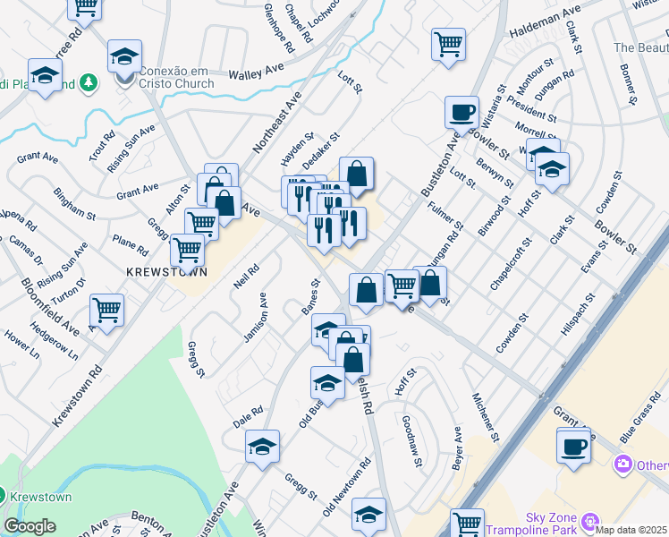map of restaurants, bars, coffee shops, grocery stores, and more near 1689 Grant Avenue in Philadelphia