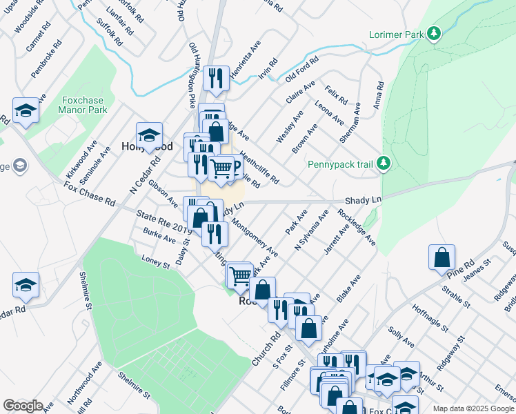 map of restaurants, bars, coffee shops, grocery stores, and more near 371 Shady Lane in Montgomery County