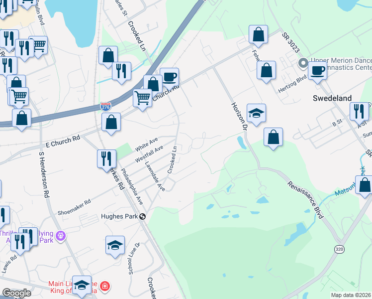 map of restaurants, bars, coffee shops, grocery stores, and more near 308 Winding Way in King of Prussia
