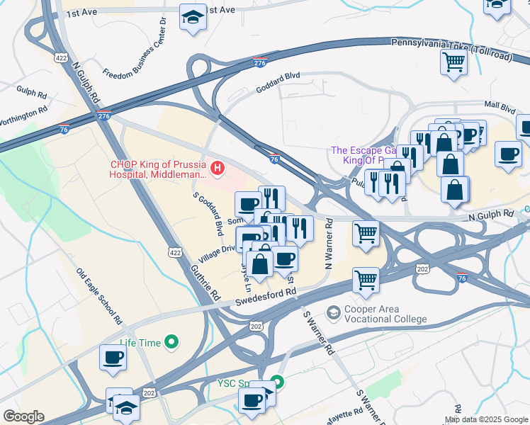 map of restaurants, bars, coffee shops, grocery stores, and more near 306 Lakeview Court in King of Prussia