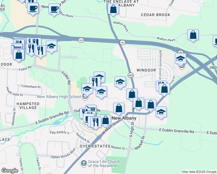 map of restaurants, bars, coffee shops, grocery stores, and more near 177 North High Street in New Albany