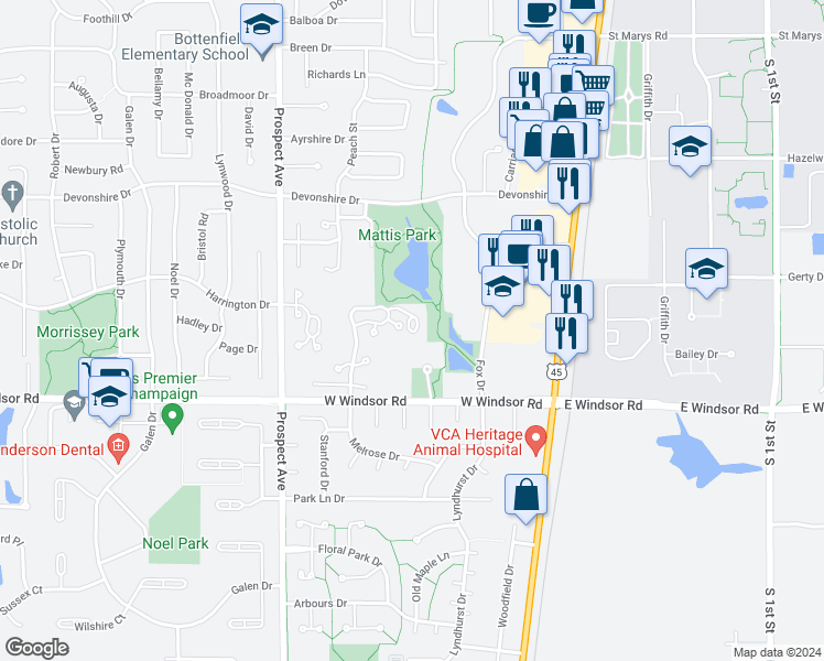 map of restaurants, bars, coffee shops, grocery stores, and more near 1915 Melrose Drive in Champaign