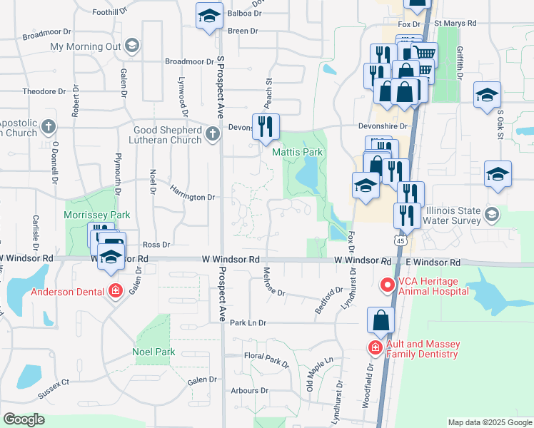 map of restaurants, bars, coffee shops, grocery stores, and more near 2121 Melrose Drive in Champaign
