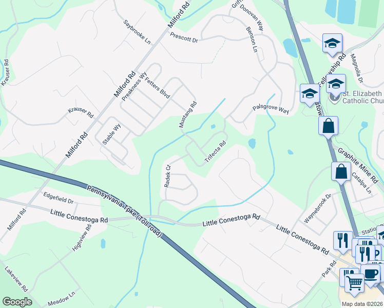 map of restaurants, bars, coffee shops, grocery stores, and more near 125 Radek Court in Downingtown