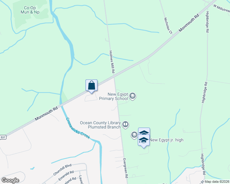 map of restaurants, bars, coffee shops, grocery stores, and more near 150 New Egypt Allentown Road in Plumsted