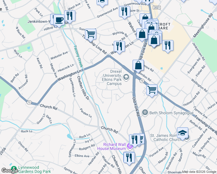 map of restaurants, bars, coffee shops, grocery stores, and more near 303 Ironwood Circle in Elkins Park