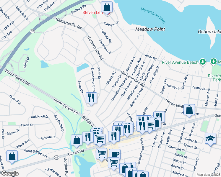 map of restaurants, bars, coffee shops, grocery stores, and more near 521 Summit Drive in Point Pleasant