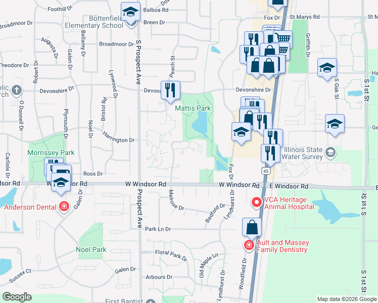 map of restaurants, bars, coffee shops, grocery stores, and more near 2204 Melrose Drive in Champaign