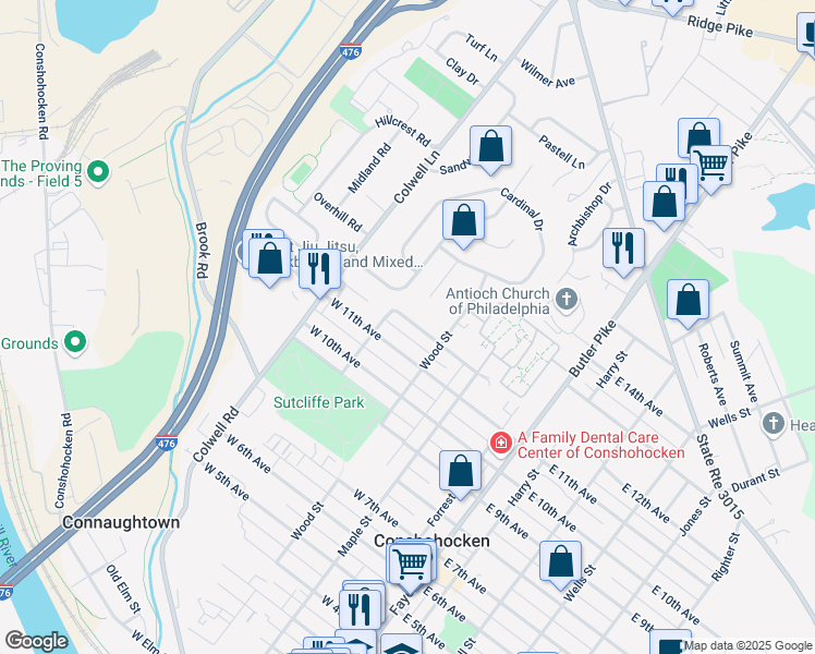 map of restaurants, bars, coffee shops, grocery stores, and more near 343 West 12th Avenue in Conshohocken
