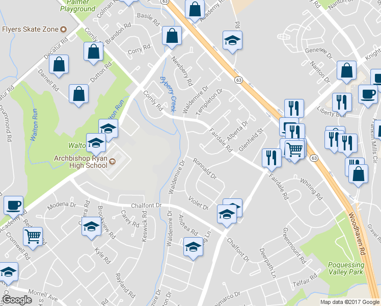 map of restaurants, bars, coffee shops, grocery stores, and more near 11211 Waldemire Drive in Philadelphia