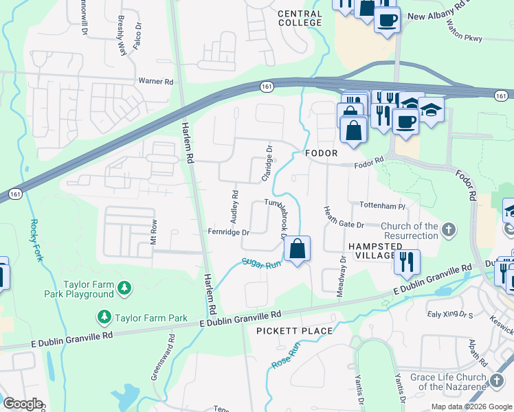 map of restaurants, bars, coffee shops, grocery stores, and more near 7312 Tumblebrook Drive in New Albany