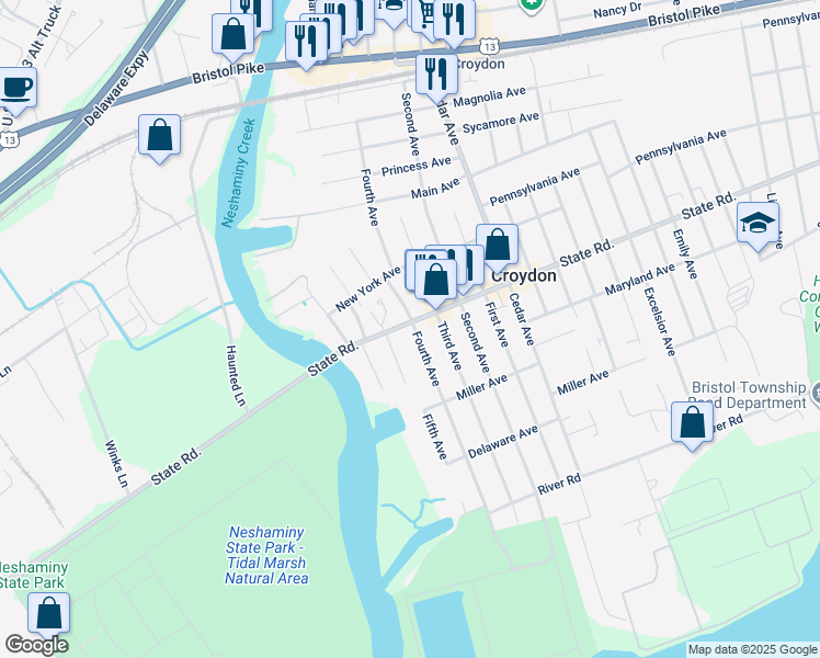 map of restaurants, bars, coffee shops, grocery stores, and more near 320 State Road in Croydon