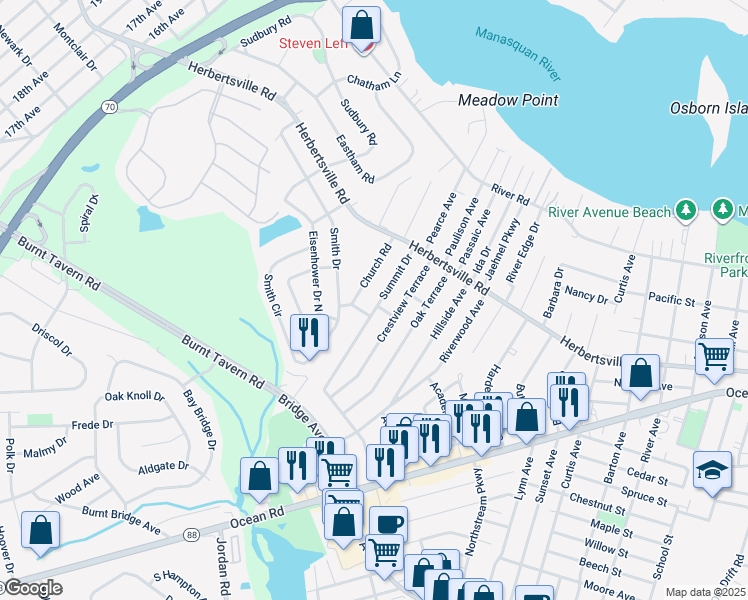 map of restaurants, bars, coffee shops, grocery stores, and more near 521 Summit Drive in Point Pleasant