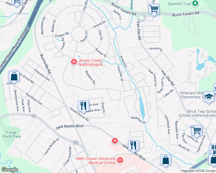 map of restaurants, bars, coffee shops, grocery stores, and more near 143 Central Boulevard in Brick Township