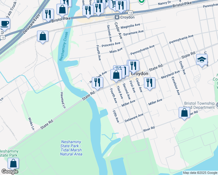 map of restaurants, bars, coffee shops, grocery stores, and more near 320 State Road in Croydon