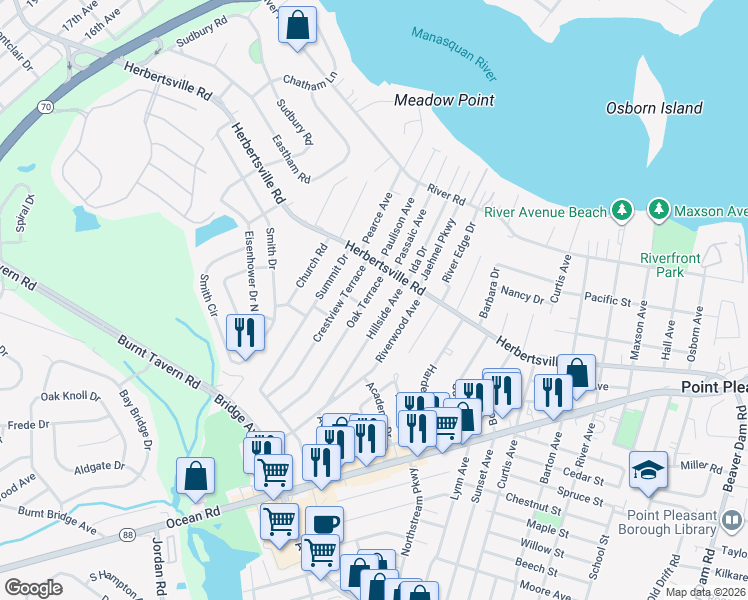 map of restaurants, bars, coffee shops, grocery stores, and more near 514 Oak Terrace in Point Pleasant
