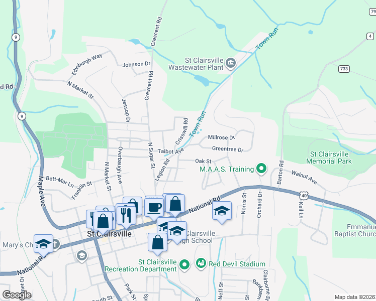 map of restaurants, bars, coffee shops, grocery stores, and more near 100 Legion Road in Saint Clairsville