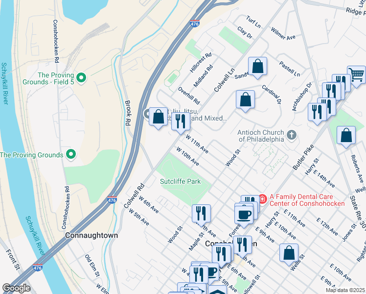 map of restaurants, bars, coffee shops, grocery stores, and more near 434 West 10th Avenue in Conshohocken