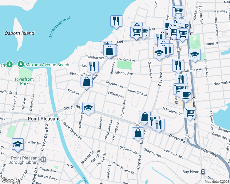 map of restaurants, bars, coffee shops, grocery stores, and more near 917 Ellison Avenue in Point Pleasant Beach