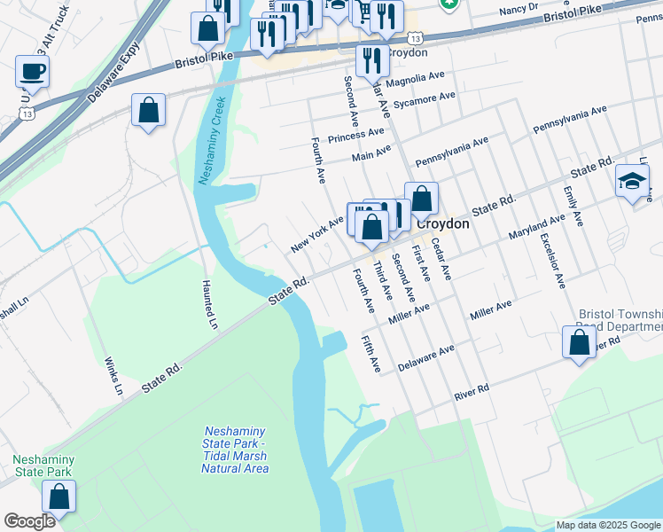 map of restaurants, bars, coffee shops, grocery stores, and more near 807 5th Avenue in Croydon
