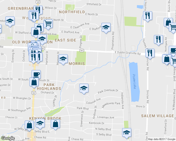 map of restaurants, bars, coffee shops, grocery stores, and more near 303 East New England Avenue in Worthington