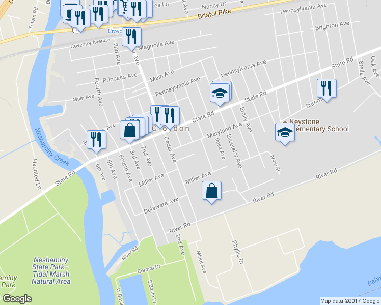 map of restaurants, bars, coffee shops, grocery stores, and more near 912 Ray Avenue in Croydon