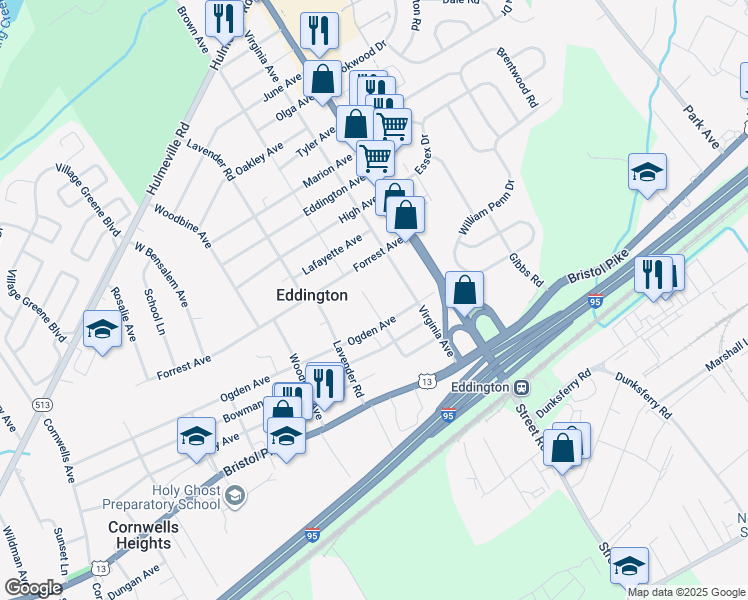 map of restaurants, bars, coffee shops, grocery stores, and more near 1241 Beverly Avenue in Eddington