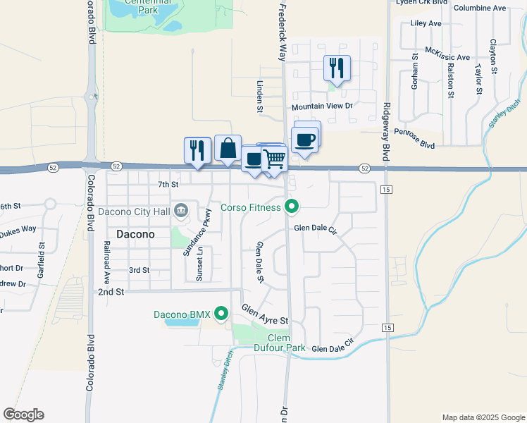 map of restaurants, bars, coffee shops, grocery stores, and more near 852 Glen Barr Street in Dacono