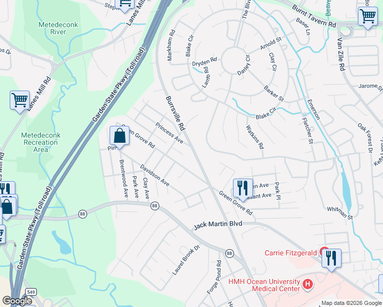 map of restaurants, bars, coffee shops, grocery stores, and more near 1466 Cedar Avenue in Brick Township